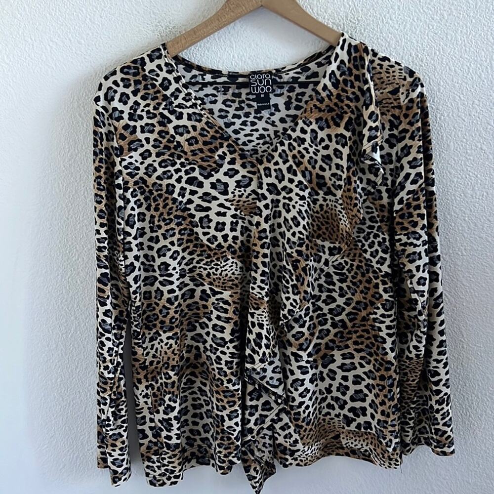 Clara SunWoo Leopard Cheetah Print Cascade Ruffle Drape Jersey Top Blouse Medium